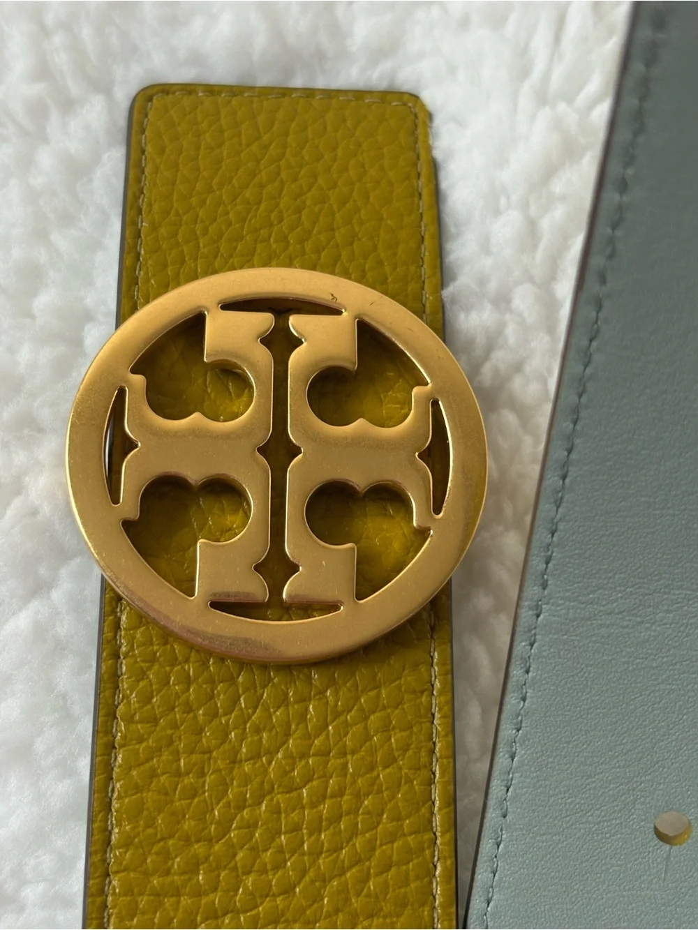 Tory Burch Olive Green Leather Belt with Gold Logo Buckle